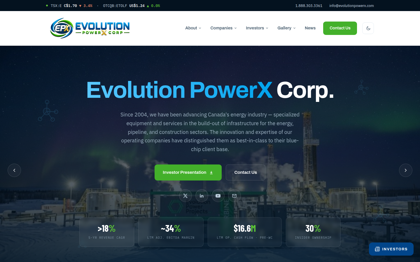 Screenshot of the Evolution PowerX Corp homepage