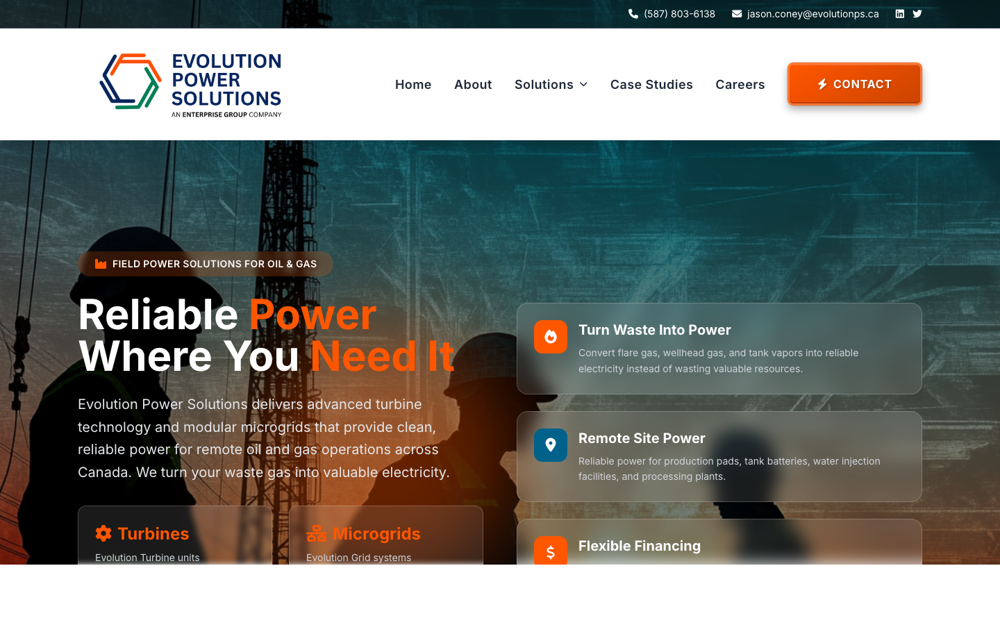 Screenshot of the Evolution Power Solutions homepage