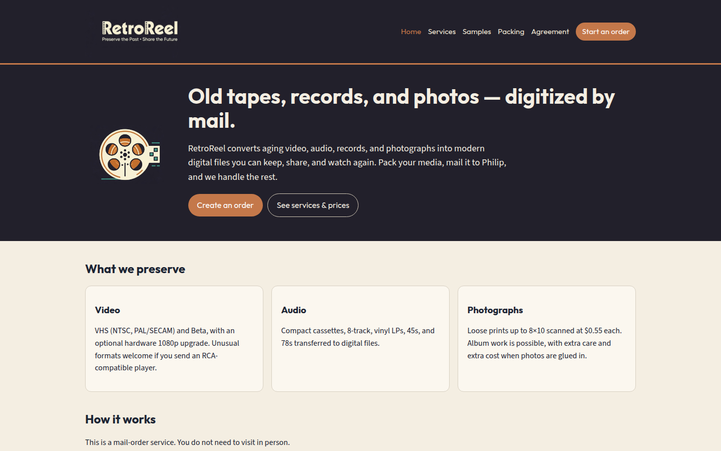 Screenshot of the RetroReel homepage